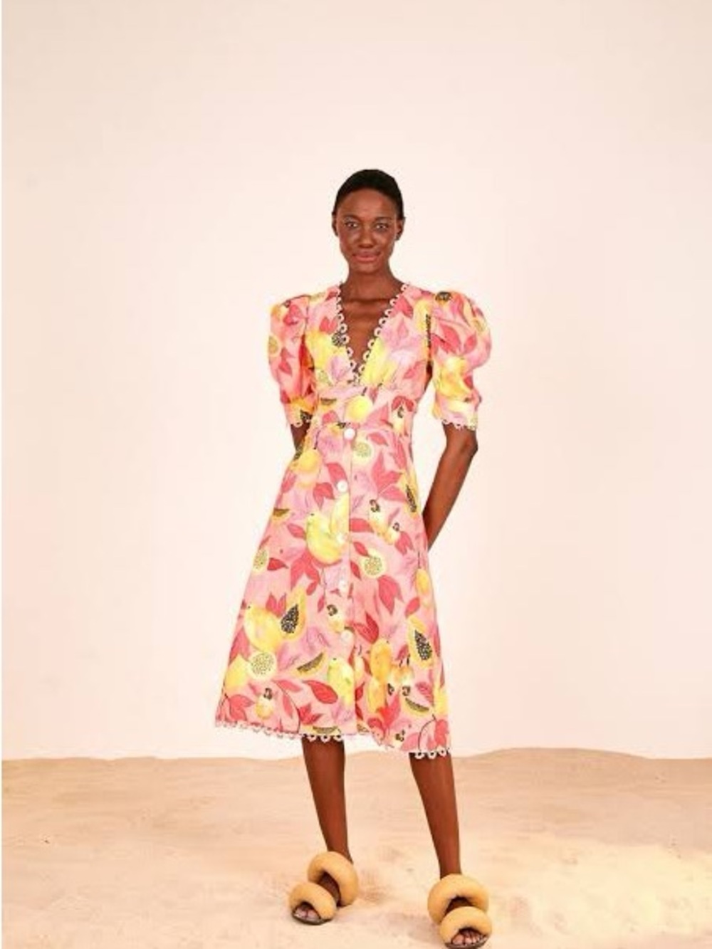 FARM Rio Pink and Yellow Floral Puff-Sleeve Midi Dress